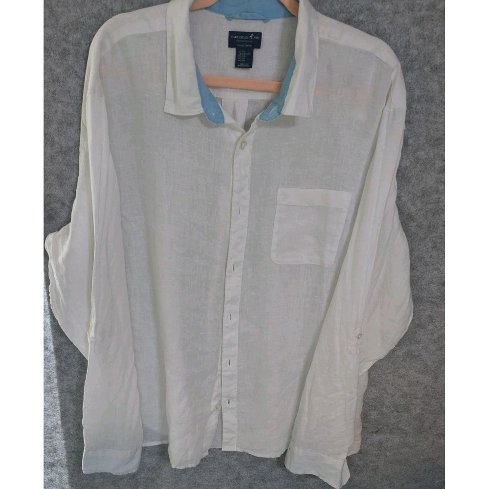 Caribbean Shirt Mens Large White 100% Linen Long Roll Sleeve Band Collar Size XL
